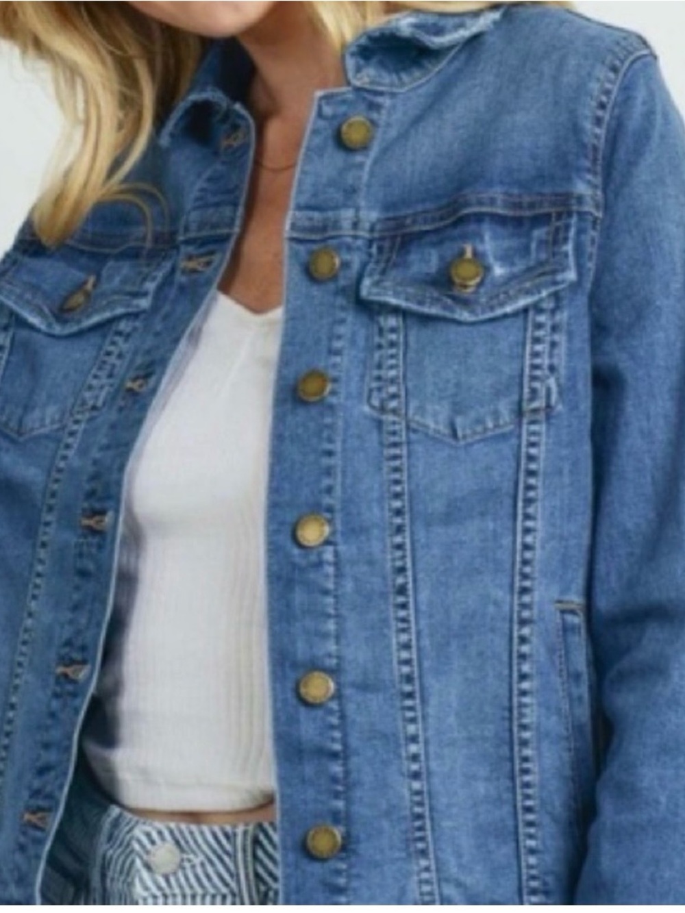 Classic Mid Blue Denim Jacket with Button-Front